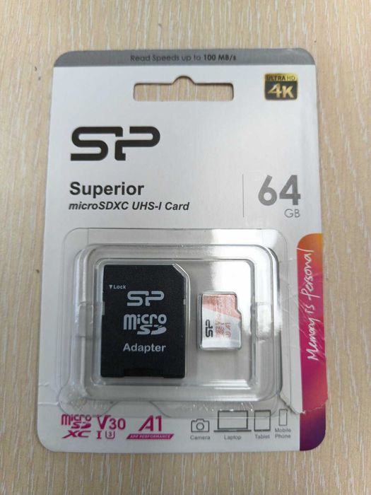 Чисто нова карта памет Silicon Power Superior 64GB microSDXC (4K Ultra HD)