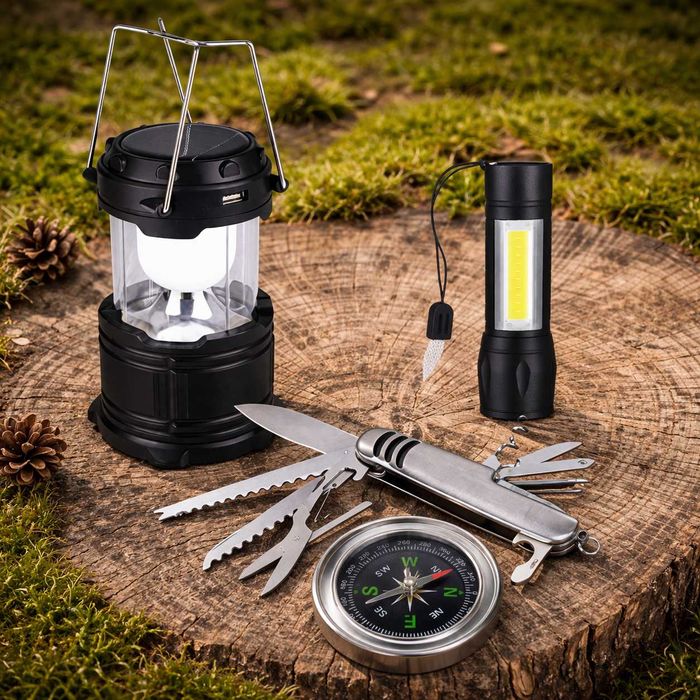 СЕТ ЗА ОЦЕЛЯВАНЕ:СГЪВАЕМ ДЖОБЕН НОЖ ДЖОБНА НОЖКА С ИНСТРУМЕНТИ.КОМПАС КЪМПИНГ ФЕНЕР.LED ФЕНЕРИ ЗА ТУРИЗЪМ ЛОВ РИБОЛОВ.КЪМПИНГ ЛАМПА.LED ФЕНЕРИ.КОМПАСИ