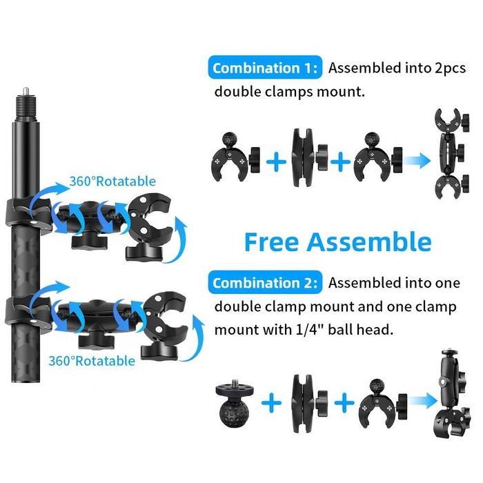 Set prindere moto: selfie stick + 2x clema dubla pt Insta360 GoPro DJI