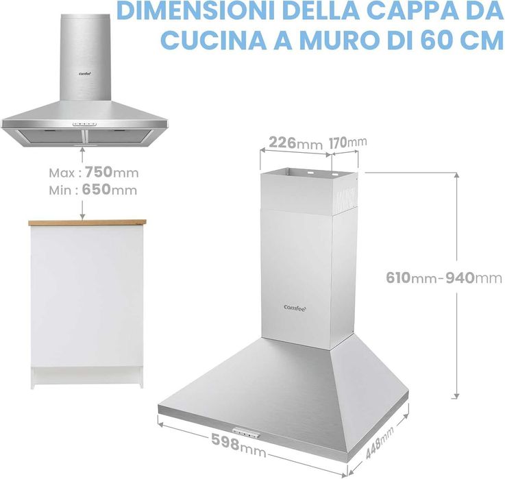 Абсорбатор COMFEE’ PYRA17SS-60 от неръждаема стомана 60 см с LED осветление