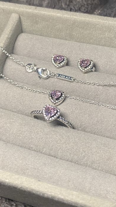 PANDORA Set Bijuterii din Argint S925 ALE (Inel, Cercei, Colier) Inimioare Roz – Vânzare Rapidă!Nou!!!