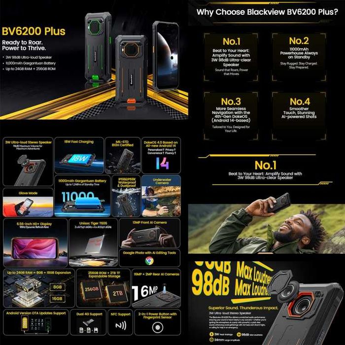 Blackview BV6200 Plus 24GB RAM 256GB ROM, 11000 mAh, с IP68/69 защита