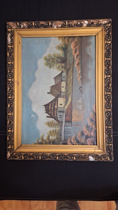 Tablou vechi ulei pe pânză – Peisaj rustic cu lac și ramă sculptată vintage