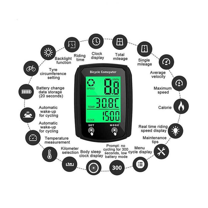 Велокомпютър с 19 функции, Водоустойчив, LED подсветка,  60х45мм
