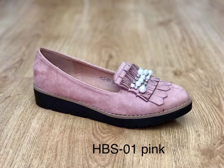 Дамски обувки на равна подметка в розово и черно с перли