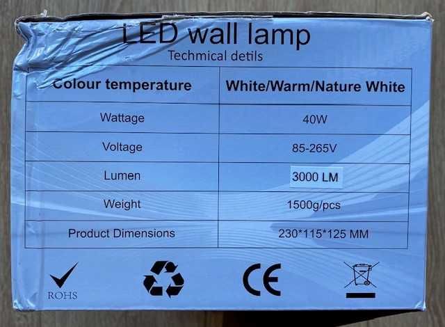 Aplica LED perete exterior 40W IP65 - lampa wall light 6000K