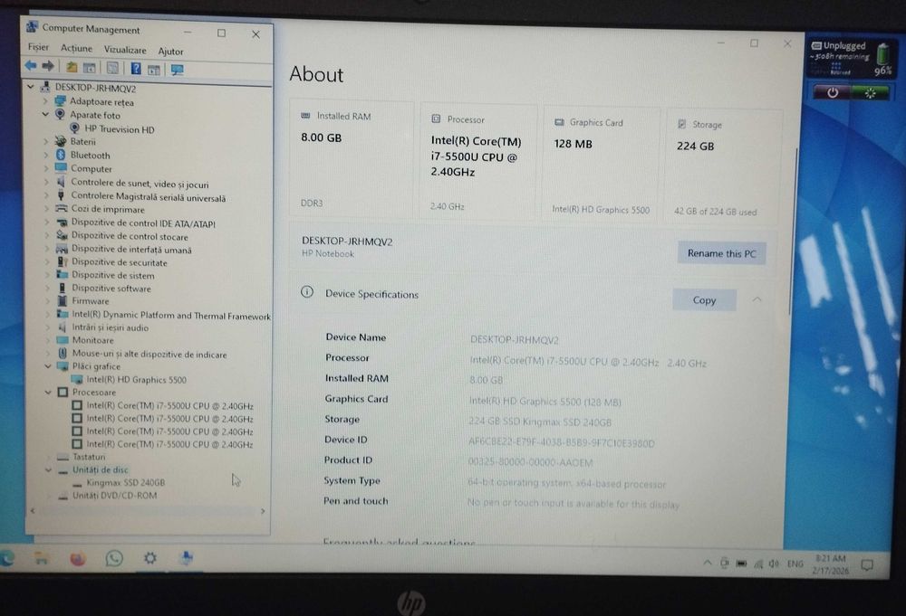 HP 15, Intel Core I7, 8GB RAM, SSD 240GB, HD Graphics, baterie 2 ore