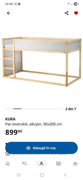 Vând pat reversibil KURA IKEA 90x200 cm – stare excelentă + perdea inclusă