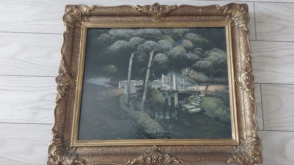Tablou  Podul peste lac – pictură vintage pe catifea (anii 1950)