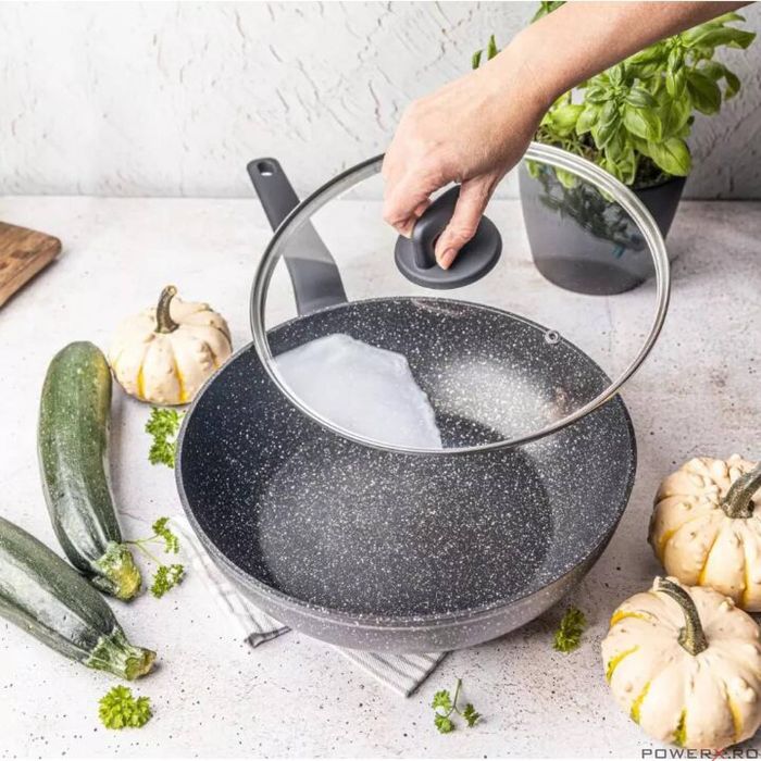 Tigaie wok din aluminiu turnat, marmorata cu strat antiaderent,