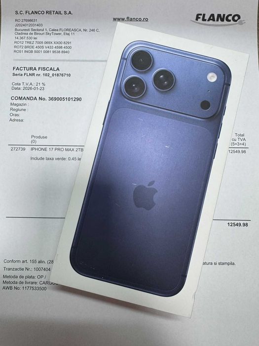 iPhone 17 Pro Max 5G, 2TB, Deep Blue SIGILAT / GARANTIE