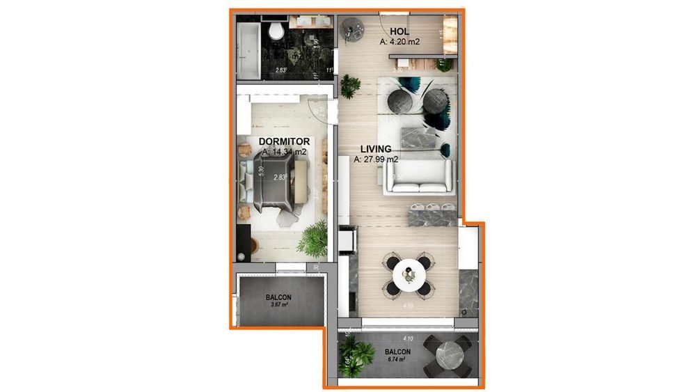 Apartament 2 camere – 52 mp utili + terasă 10 mp – mobilat modern