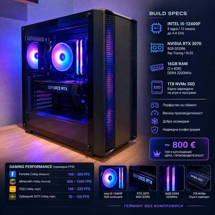 Гейминг компютър с ГАРАНЦИЯ! – RTX 3070 / i5-12400F / 16GB RAM / 1TB NVMe