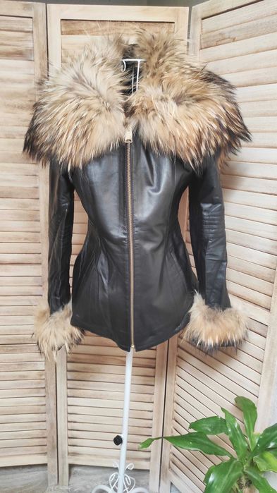 Палто естествена кожа  с естествен косъм