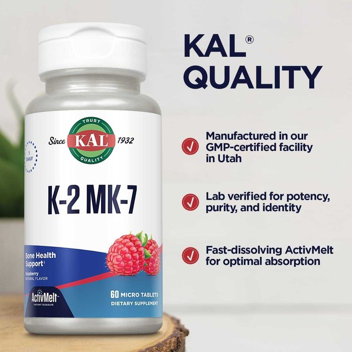 Веганский Витамин K2 MK7, KAL Vitamin K2 MK7 ActivMelt 100 mcg 60шт