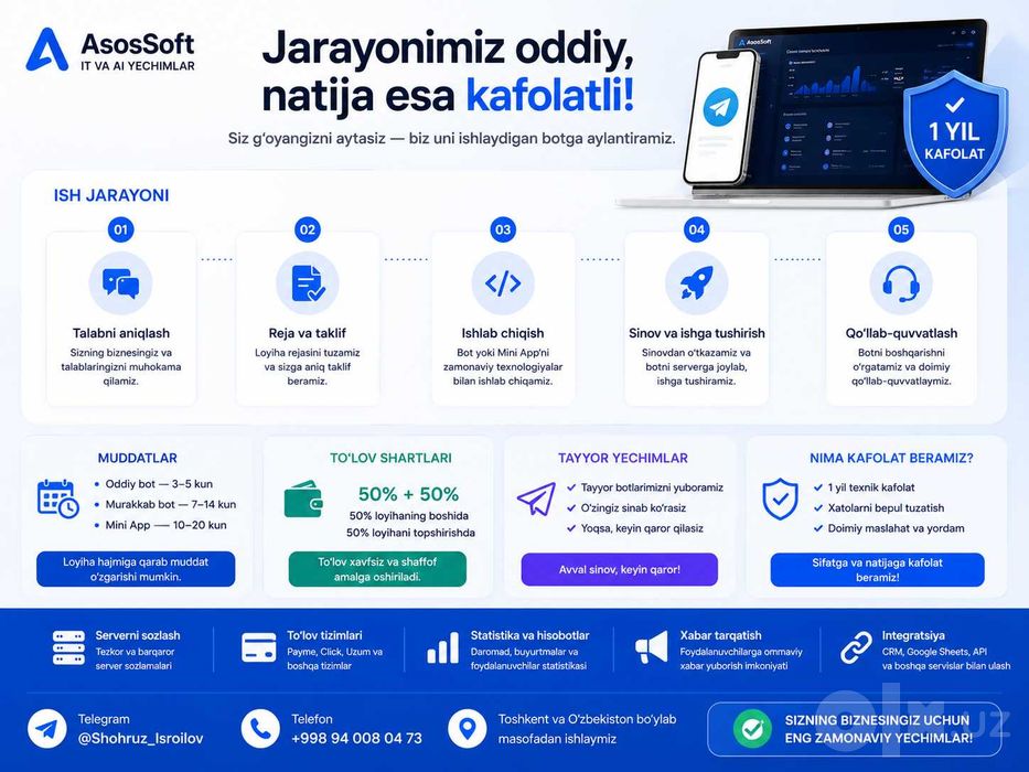 Telegram bot yaratish | Mini App | AI bot | CRM | Avtomatlashtirish