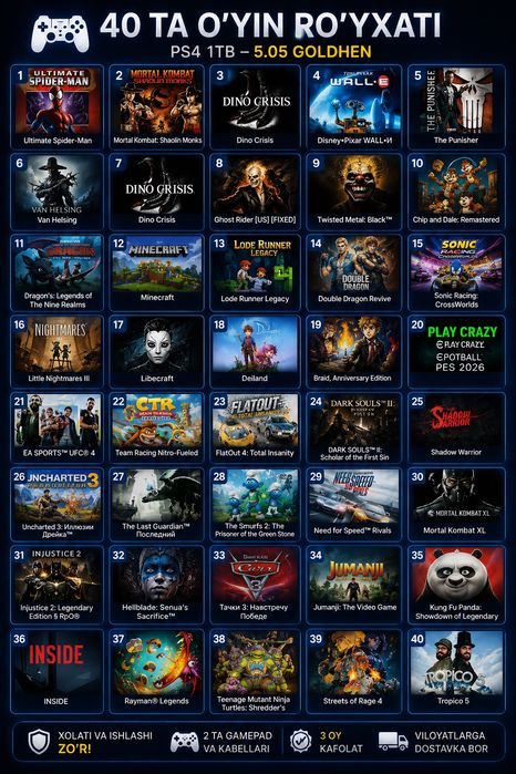 Ps4 1TB 5.05 goldhen vzlom versiya +40 ta oʻyin