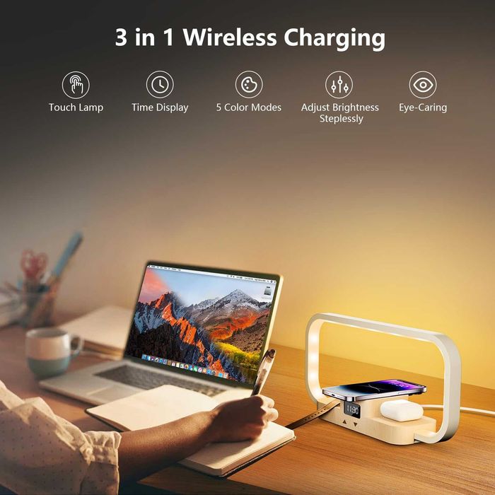 Lampă CRLL 3 în 1 cu încărcare wireless, ceas, USB și lumină reglabilă