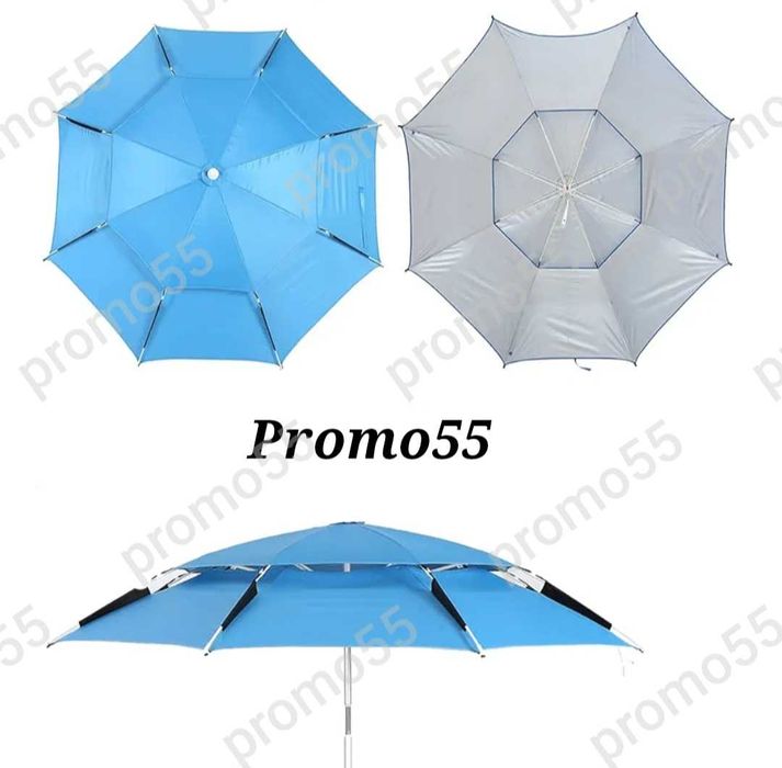 Плажен Чадър 220см. УВ, Чупещо Рамо, Двоен Покрив Стабилност при Вятър