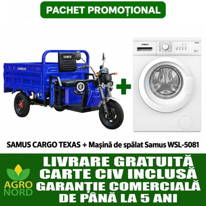 Pachet promoțional –Triciclu electric Samus Texas + Mașină de spălat