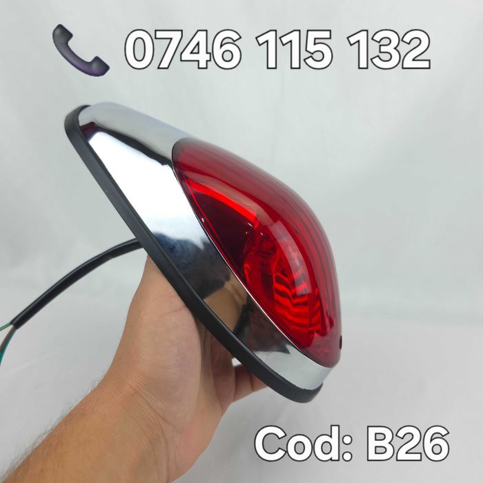 Lampă Stop Moto Universală 12V – Poziție + Frână–Design Retro Cromat Premium–Pentru Aripă–Chopper, Cruiser, Bobber, Cafe Racer, Scrambler, Custom–B26