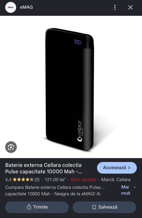 Baterie externă Cellara negru mat 10.000 mAh