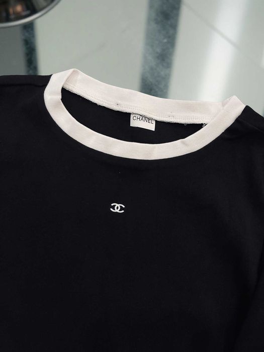 SALE шанел тениска черна памук блуза къс ръкав риза chanel топ
