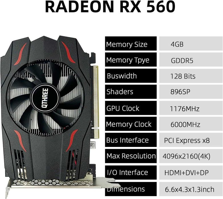 Placă video grafică QTHREE Radeon RX 560 GPU 4GB GDDR5 128 biți,jocuri PC cu DVI,HDMI,DisplayPort computer PCI Express 3.0 x8,DirectX 12