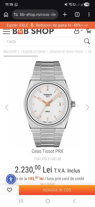 Ceas Tissot PRX Quartz, stare foarte bună, full metal