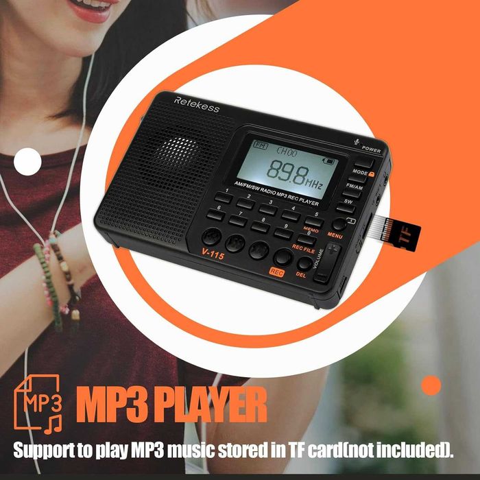 RETEKESS V115 FM,AM,SW радиоприемник,REC,TF Card MP3 Player
