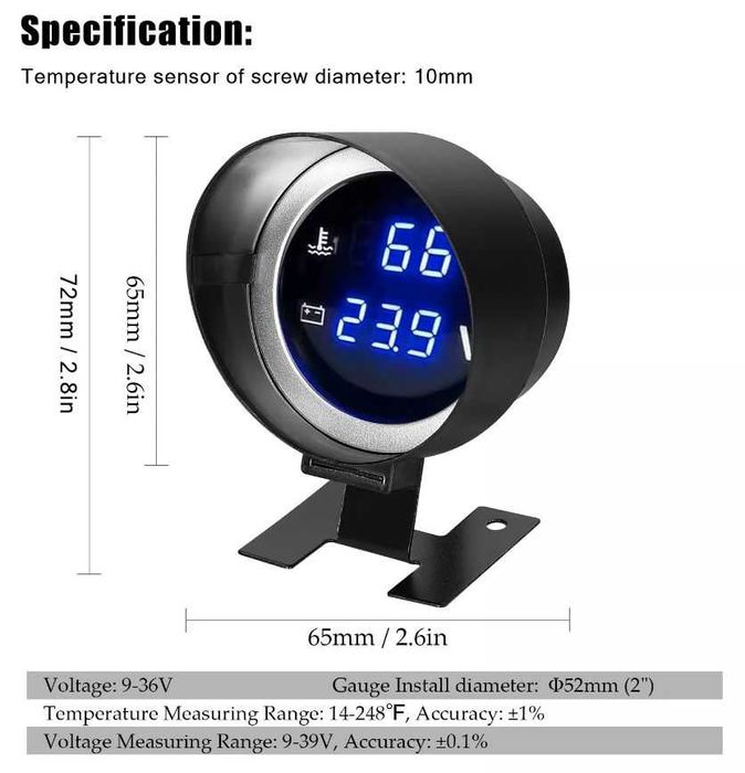 Ceas indicator temperatura tensiune atv barca auto moto tractor 12/24V