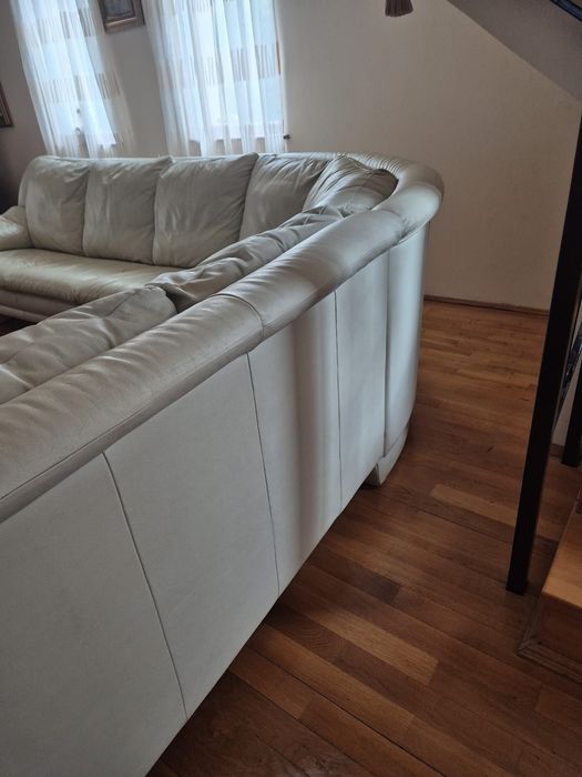 canapea tip colțar și fotoliu din piele naturală,  crem/bej deschis