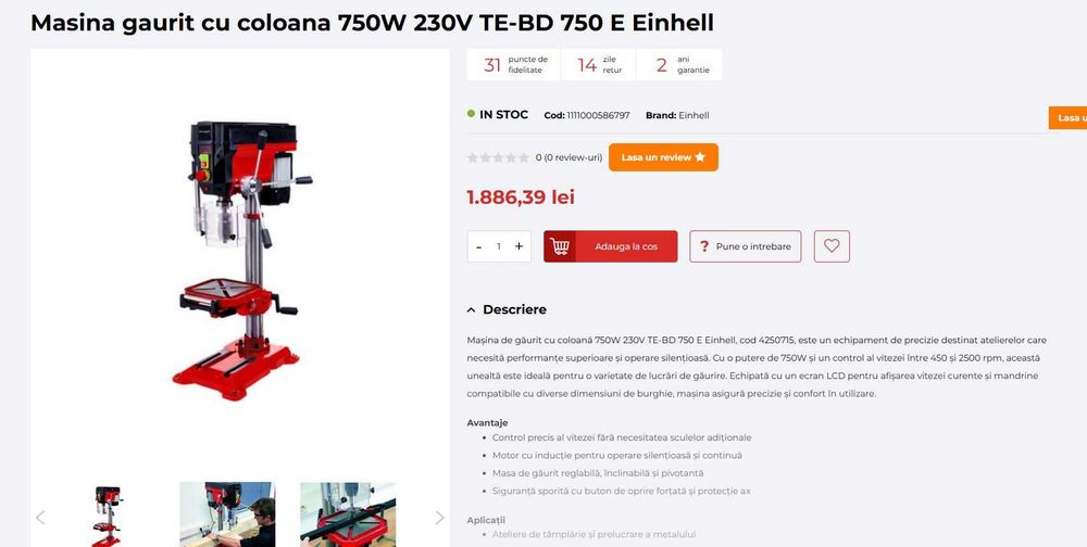 Masina gaurit cu coloana 750W 230V TE-BD 750 E Einhell