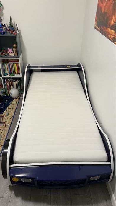 Pat Copii Masina de Curse 90x200 + Saltea IKEA Spuma