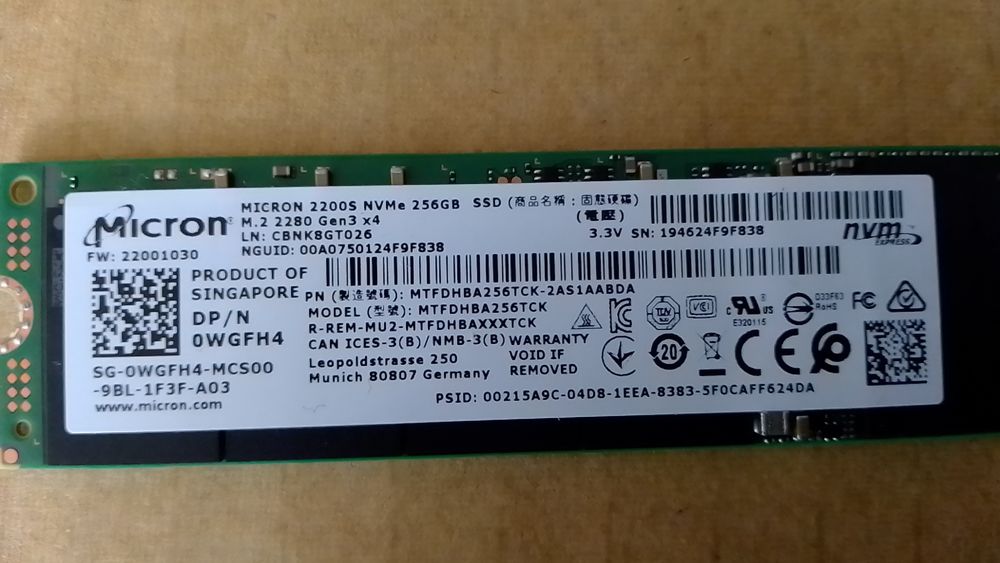 SSD NVMe 256gb Micron 2200S 3x4 2280, 96%.