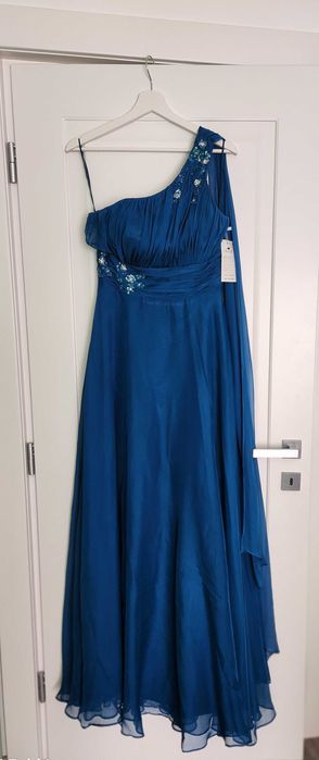Rochie elegantă de seară albastru petrol – model pe un umăr, nouă