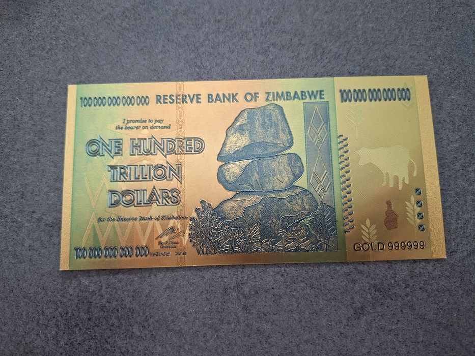 Bancnotă Suvenir 100 Trilioane Dolari Zimbabwe – Placată cu Aur 24K