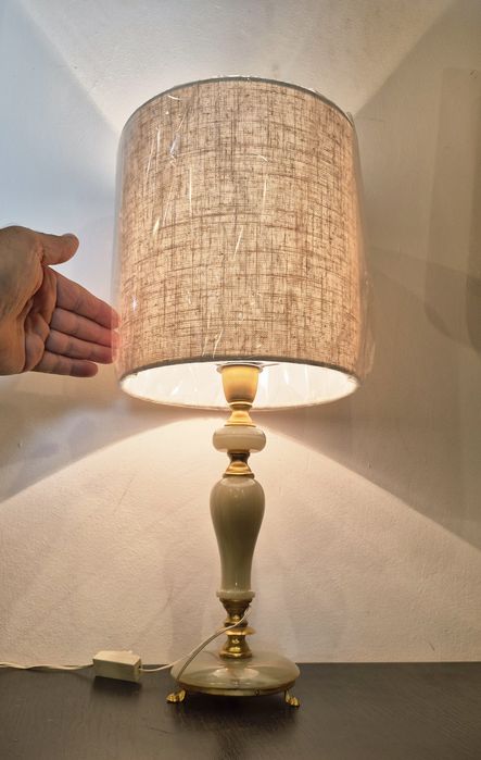 Lampă veioză de masă din alamă și marmură/onix, design vintage din anii '40, 47cm.