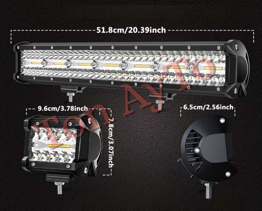 Комплект Лед Бар 20" 380W 52см +  2бр Халогени 4" 10см 60W + Окабеляване + Копче 12/24V за Кола АТВ Трактор Снегорин Моторна Шейна Бъги Мотокар Багер