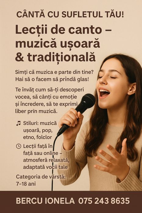 Ofer cursuri de canto fizic sau online