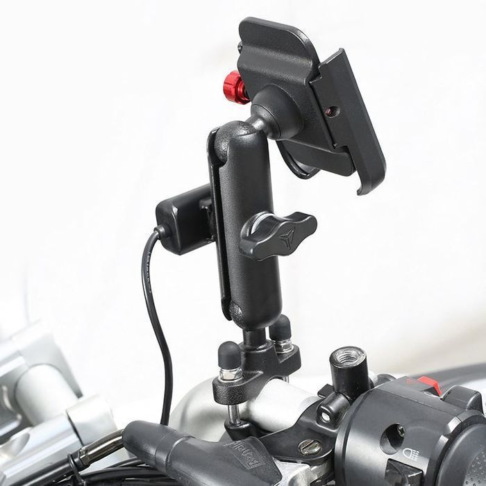 Suport Telefon Motocicletă cu Încărcare USB, Rotire 360°, Aluminiu, Prindere Ghidon
