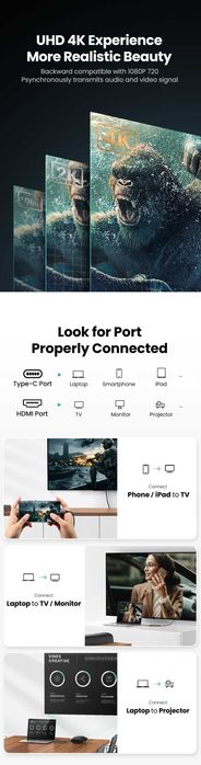 UGREEN Кабель 4K/60Hz 2K/120HZ 18Gbps USB-C to HDMI Cable for PS5 PS4