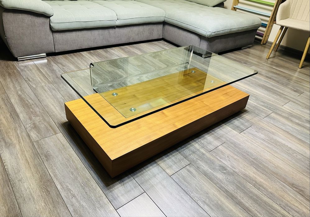 Masă de cafea living LEMs – lemn masiv & sticlă design futurist