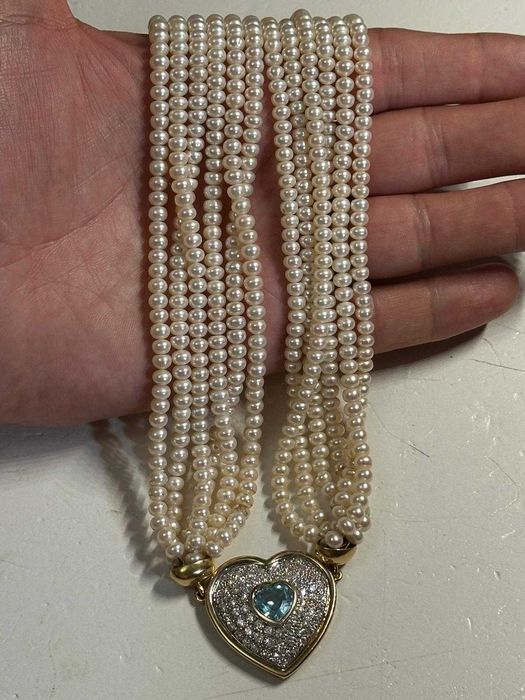 COLIER AUR 18K + 12 x 50 = 600 PERLE + 74 Diamante = 2.2CT + Aquamarin Inima = 3CT !