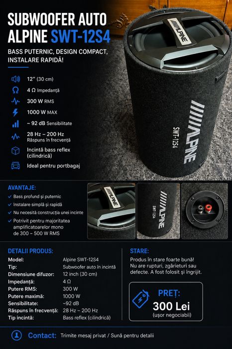 Subwoofer auto Alpine SWT-12S4. Livrare doar în București.