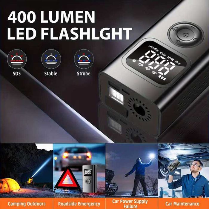 Авариен мобилен стартер (Jump Starter), компресор и външна батерия, LED светлина с 3 режима 4 в 1, различни накрайници за помпане, 5000А, 10ATM, НОВ!
