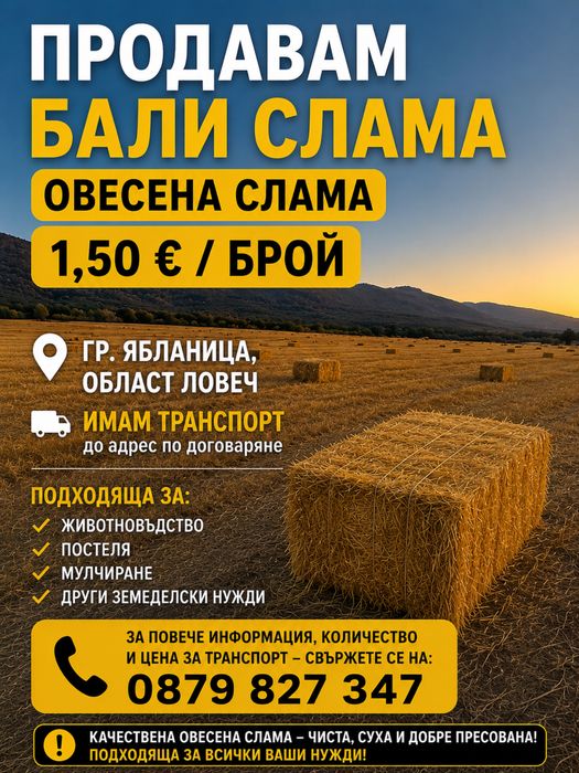 Продавама бали ливадно сено и овесена слама
