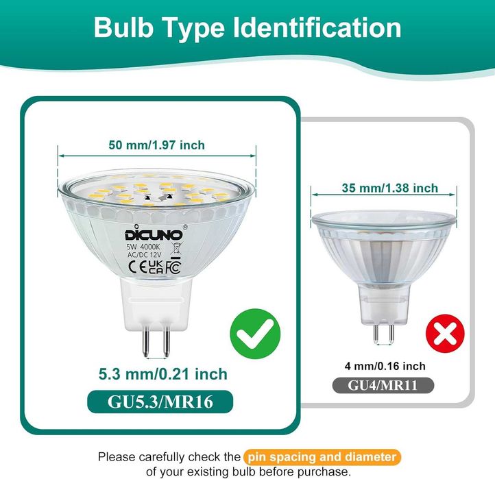 LED крушки DiCUNO MR16 50W халогенен еквивалент 12V AC/DC недимируеми, GU5.3 двупинов цокъл 4000K естествено бяло 120° ъгъл на лъча 500LM, 10 броя