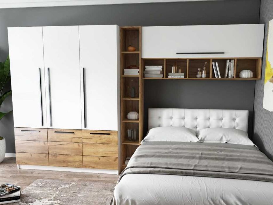 Set Dormitor Timea 3.33m cu pat tapitat Alb incadrat