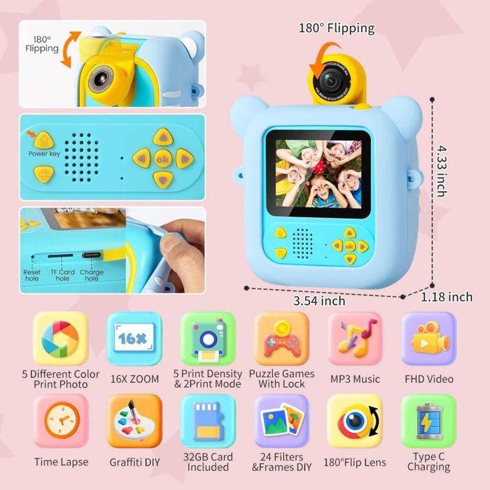 Детска камера с принтер 180° – Образователна камера за деца с игри